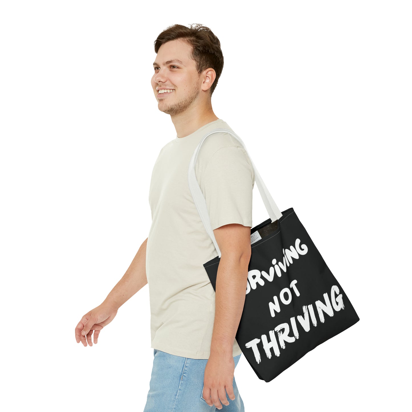 Surviving NOT Thriving - Black w/ White Tote Bag (AOP)